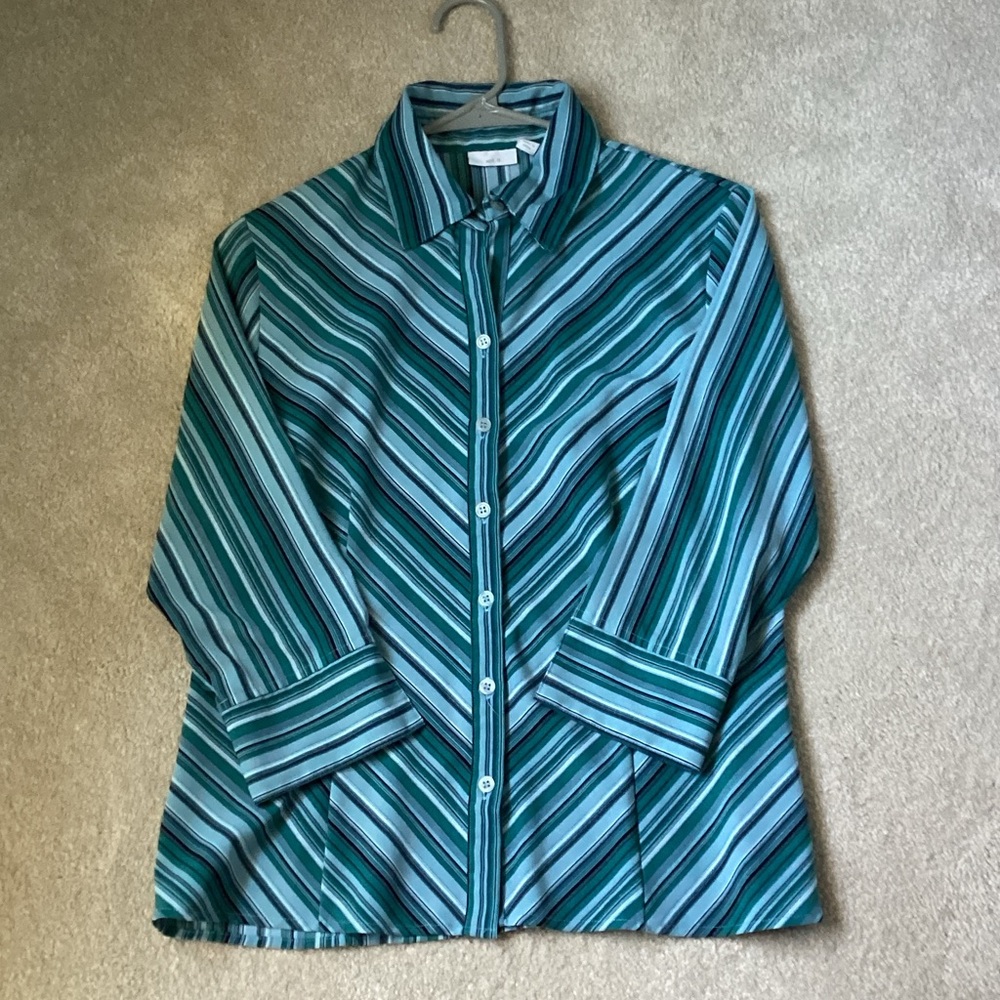 Striped Teal Button-Up Women's Blouse